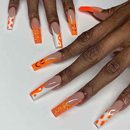 Vatocu Uñas postizas brillantes de ataúd, Tai Chi, uñas postizas largas, naranja, bailarina, uñas a presión, acrílico, cubierta completa, para mujeres y niñas (24 piezas) Cover