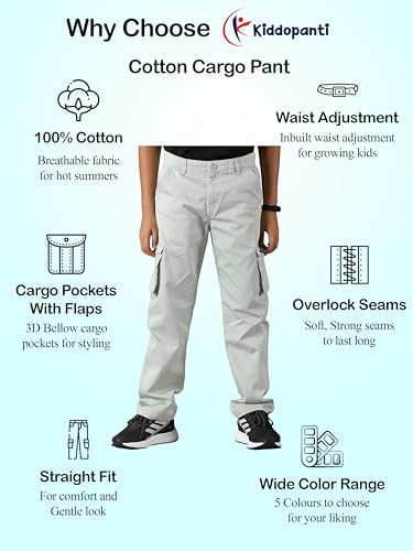 Image of KiddoPanti Boys Cargo Pants | 100% Cotton Twill | Comfortable Regular Fit | Elastic Waistband & Zip Fly | 6 Pocket Lower for Kids | Full-Length Casual Wear