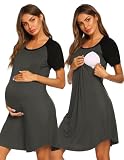 Ekouaer Nursing Nightgown Short Sleeve Nursing Gown 3 In 1 Maternity Nightgown Breasfeeding Sleepwear Delivery Dress Deep Gray