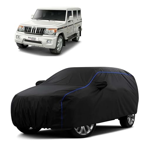Image of Sulfar 100% Water Resistant Car Body Cover Compatible with Mirror for Mahindra Bolero (Triple Stitched, Full Bottom Elastic, Black Tafetta with Blue Piping)