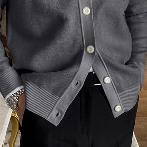 Cable Knitted Cardigan Sweater for Men Lightweight Open Front V Neck Sweaters Button Long Sleeve Solid Knitwear (Large,Dark Grey)4