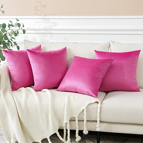 Otostar Set Of 4 Decorative Throw Pillow Covers Soft Velvet Solid Square Pillow Cases Luxury Cushion Covers Case For Sofa Car Patio Bedroom Living Room 18X18 Inch, Hot Pink #TOP1