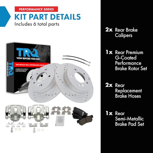 Image of TRQ Performance Rear Brake Pad and Rotor Set Semi Metallic Slotted Drilled G Coated Rotors Calipers Compatible with 2006 Hyundai Sonata