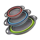 Silicone Colander Collapsible Strainers Set for Kitchen- 3 Pack (3Qt, 4Qt,5Qt) -Over Home Draining Basket, Food Vegetables & Fruits-Dishwasher Safe, BPA Free Space Saving Design (Green,Blue,Red)