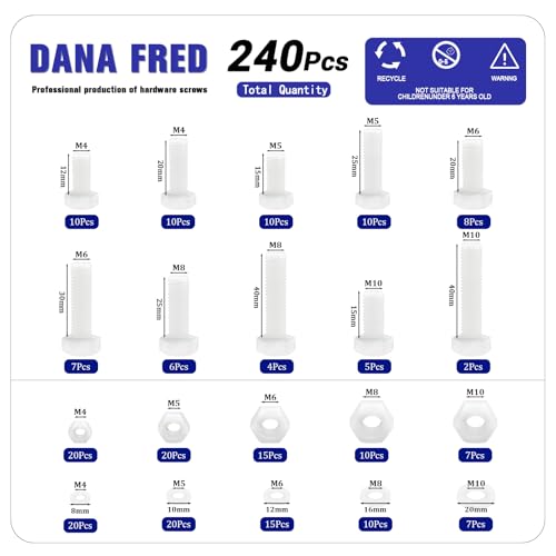 M4 M5 M6 M8 M10 White Nylon Hex Bolt Nut Washer Kit,216 Pieces Metric Thread Machine Bolts Plastic Hexagon Screw Nut Washer for Micro Controller Board Building,Insulate or Fasten PCB Board - Image 2