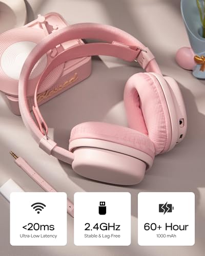 Image of MechLands Aula G7 Wireless Gaming Headset for PS4 /PS5 /PC /Switch, Over-Ear Headphones with Detachable Noise Canceling Mic, RGB, Surround Sound, 60H Battery, 2.4GHz /BT /Wired (Pink)