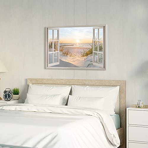Beach Wall Art Canvas Picture: Modern Ocean Sunset Landscape Window View Painting Decor Living Room Bedroom Relaxing Coastal Sea Scene Nature Print Horizontal Contemporary Seascape Seaside Seashore Artwork For Home #TOP4