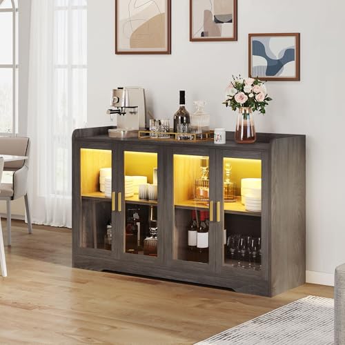 DWVO 55'' Sideboard Buffet Cabinet, Bar Cabinet with LED Light, Doors & Adjustable Shelves for Kitchen, Dining Room, Living Room, Charcoal Grey