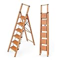 WOA WOA 6 Step Ladder, Folding Ladder with Handrails for High Ceilings, Indoor Tall Ladders with Wide Pedals, Lightweight Aluminum Stepladder for Home 300lbs - Wood Grain