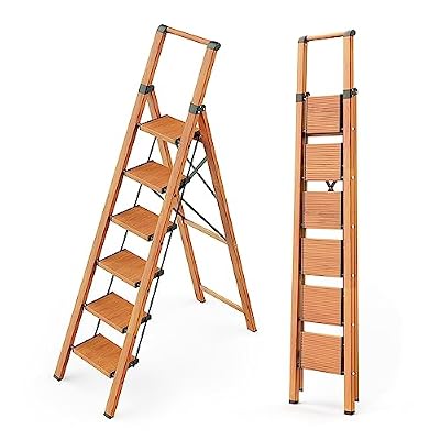 WOA WOA 6 Step Ladder, Folding Ladder with Handrails for High Ceilings, Indoor Tall Ladders with Wide Pedals, Lightweight Aluminum Stepladder for Home 300lbs - Wood Grain