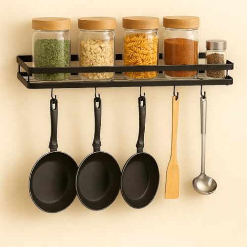 Image of Wall Mounted Spice Rack Organizer Hanging Spice Seasoning Rack bathroom Shelf Holder with 5 utensils hanging hooks Organizer Storage for Kitchen Cabinet (set of 1)