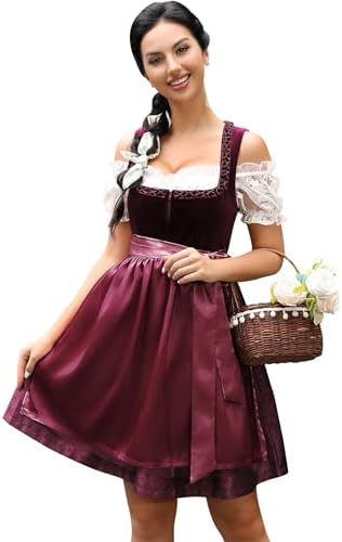 KOJOOIN Dirndl Damen Kurz 3tlg. Midi Trachtenkleid Samt Trachtenmode Kleid Set für Oktoberfest Besondere Anlässe inkl. Dirndlkleid,Dirndlbluse,Dirndlschürze(Verpackung MEHRWEG)
