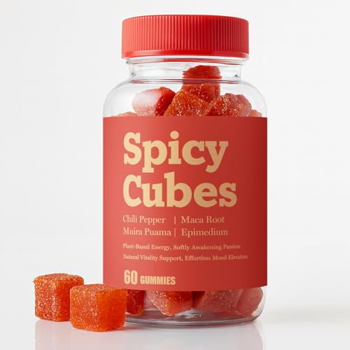 FTKV Spicy Cubes Hot Peach Gummies, Intimacy Support Formula with Chili Pepper, Muira Puama, Maca Root & Epimedium, for Calmness, Balance & Connection, Vegan Peach Flavor, 60 Gummies