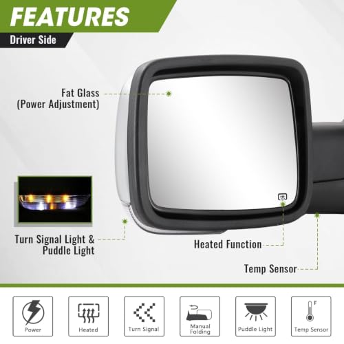 SIZIOM Driver Side Mirror for 2009-2018 Dodge Ram 1500 2010-2018 Ram 2500 3500 2019-2024 1500 Classic Tow Mirror with Power Heated Turn Signal Puddle Light Manual Folding-Left(Chrome) by Siziom - Used condition - Image 3