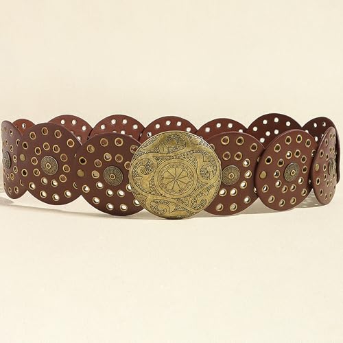 IZUS Classic-Retro Oval-Concho-Buckle Western-Belt for Women-Dresses Wide-Disc Cowgirl-Belts Boho-Country-Style3