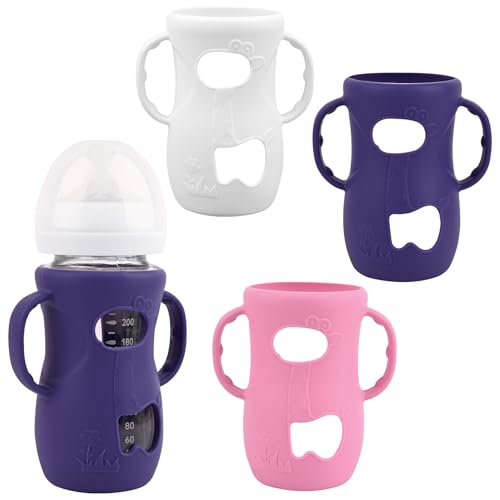 Image of 3 Pack Silicone Sleeves for Avent Natural Glass Baby Bottles, Anti Breakage Baby Bottle Sleeves with Handles, Compatible Philips Avent Glass Natural Baby Bottle 8 oz(White+Pink+Purple)