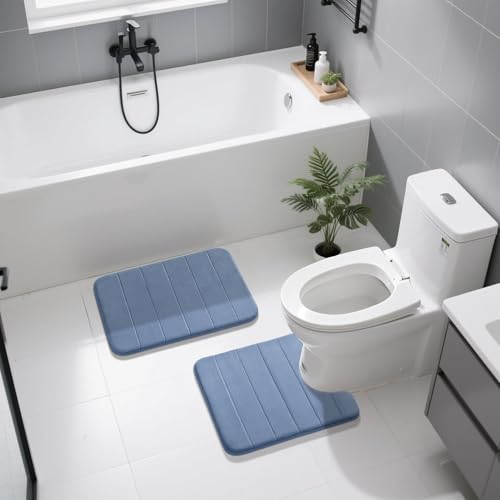 Image of Yimobra U-Shaped Toilet Bath Mat Set 2 Piece - Soft Absorbent Quick Dry Memory Foam Bathroom Rugs, Machine Washable Non Slip Floor Carpet for Tub Shower & Single Sink (17x24 & 24x20, Denim Blue)