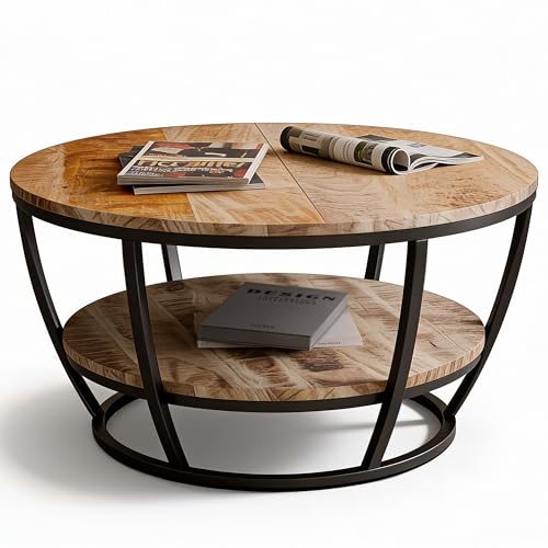 Liadomo Couchtisch Gianna, rund 86cm, Beistelltisch, Tischplatte aus Mangoholz, Metallgestell in Schwarz, mit zusätzlicher Ablage