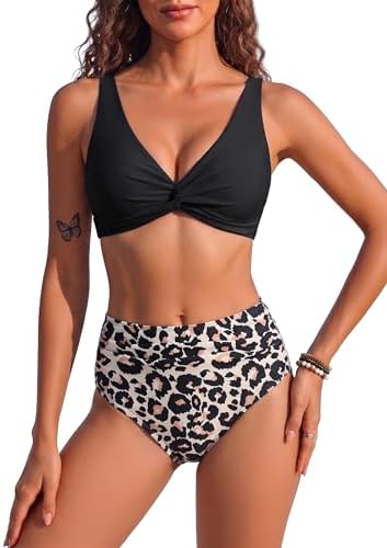 HORISUN Bikini Damen Set Bauchweg Sexy High Waist Zweiteiliger Badeanzug | V-Ausschnitt,Twist-Design,Verstellbare Träger,Rücken-Schleife,Retro-Stil,für Pool & Strand