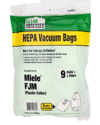 Clean Obsessed H-10 HEPA Bags Type Miele FJM - 9 Cloth HEPA Bags per package, 1 Motor Filter & 1 Superior Air Clean Filter