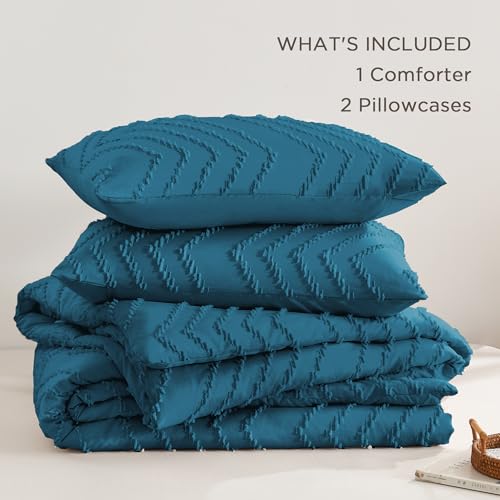 Image of Andency Teal Comforter Set Queen Size, Boho Soft Warm Tufted Bedding Comforter Sets for Queen Size Bed, 3 Pieces Aesthetic Chevron Farmhouse Cute Bohemian Textured Bed Set