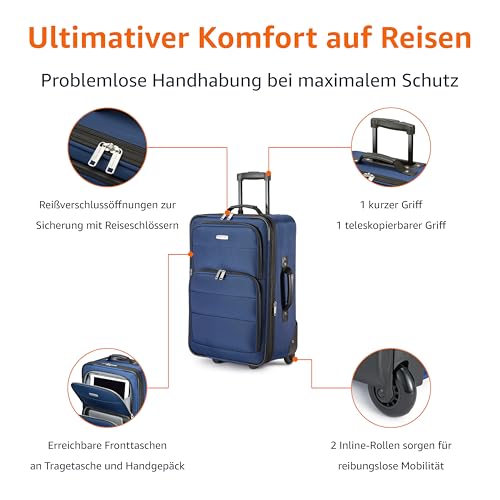 Amazon Basics 2-Teiliges Weichschalen-Koffer-Set, Erweiterbares Handgepäck (58 cm) und Tragetasche (25 cm), Leicht, 100% Polyester, Stapelbares Set, Marineblau
