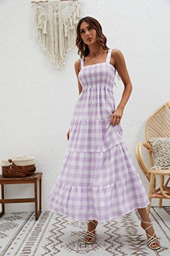 Image of kinstell Women's Summer Boho Spaghetti Strap Square Neck Ruffle Casual Flowy Long Dress Beach Swing Party Maxi Dress