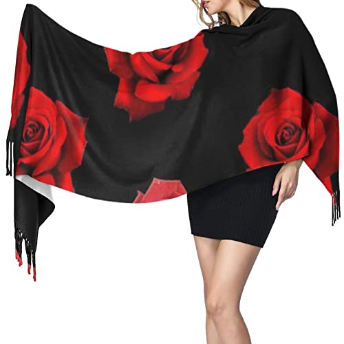 Scattered Red Roses On Black Handmade Cashmere Shawl Wedding Scarves Wrap Scarf Cape For Women Girls Ladies Gift #TOP21
