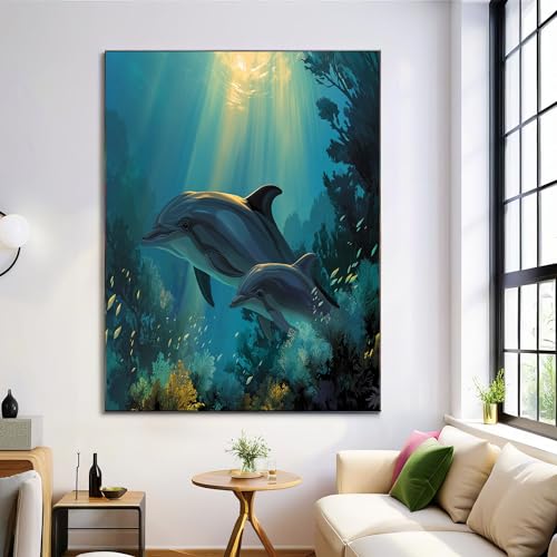 Art mural lumière du soleil dauphin tableau décoration marine bleu clair 70x100cm