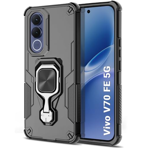 Image of TheGiftKart Tough Armor Bumper Back Case Cover for Vivo V70 FE 5G | Ring Holder & Kickstand in-Built | 360 Degree Protection Back Case Cover for Vivo V70 FE 5G (PC & TPU, Black)
