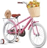 KernGut Kinderfahrrad 18 Zoll, Mit verstellbarem Sattel Straßenfahrräder mit Korb und Stützrädern Rosa