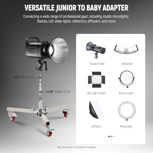 Image of NEEWER Heavy Duty Stainless Steel Light Stand Base with Junior to Baby Adapter for Photography Monolight Flash Video Light, Wheeled Stand Base Fits 1-1 /8 inch (28mm) C Stand Center Column, 165lb /75kg Load