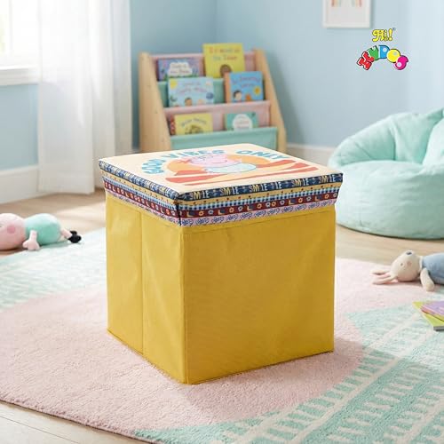 Image of Kudos Kids Print Foldable Storage Box | Non-Woven Fabric Toy Storage Basket | Laundry & Clothes Organizer with Lid (Yellow)