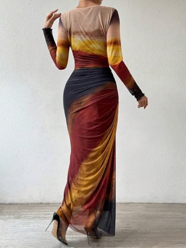 Image of LIGHT DOT Women's Printed Bodycon Maxi Dress Long Sleeve Tie Dye Mesh Ruched Cocktail Dress