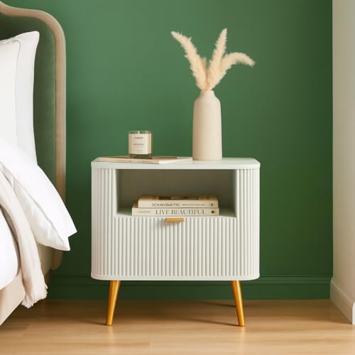 Image of Wooden Bedside Table for Bedroom | Bed Side Table Nightstand with Drawer & Open Shelf|Side Table End Table for Living Room, Home & Hotel | Modern Nightstand with Metal Legs (White)