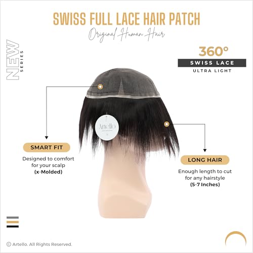 Image of Artello SWISS FULL LACE Hair Patch for Men, 360 Mesh, 0.03 mm Invisible Hairline, Ultra Light, Trim-able Lace, 100% Remy Human Hair Wig (Colour: Natural Black) (7x5)