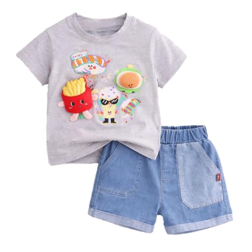 Image of Bold N Elegant Half Sleeve Pure Cotton Baby Boy Girl 3D Burger French Fries Cartoon Snack T-Shirt with Denim Shorts Smart Casual Outfit for Infant Toddler Kids Upto 5 Years
