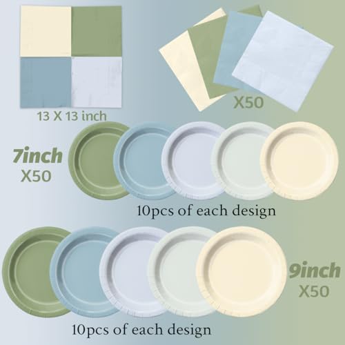 Image of CMUSKO 150pcs Dusty Blue Sage Green Plates and Napkins - Boy Baby Shower Decorations Spring Welcome Baby Tableware Set Serves 50,One Silly Goose Birthday Decorations