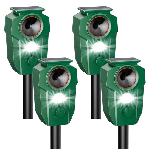 G-Jyuncyou Solar Powered Animal Repellent Outdoor, Deer Repellent Devices Ultrasonic Motion Activated, Cat & Raccoon Repellent for Yard Garden Lawn, IP65 Waterproof Pest Repellent with LED Light