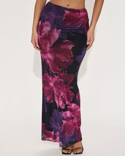 Women's Maxi Skirt Mesh Floral Print Casual High Waisted Elastic Bodycon Fishtail Hem Vacation Long Skirts3