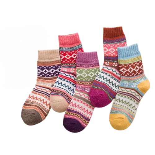 Vintage Cozy Thick Wool Socks 5 Pairs Nordic Strip Knit Warm Boot Socks Fairy Grunge Thermal Hiking Crew Socks