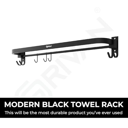 Image of GRIVAN Stainless Steel Towel Rod for Bathroom with Hooks | Foldable Towel Holder Stand with Drill Mount (1, Black, 24 INCH)