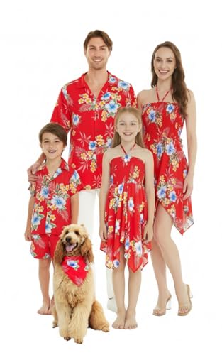 Image of Matchable Family Hawaiian Luau Men Women Girl Boy Clothes in Hibiscus Red