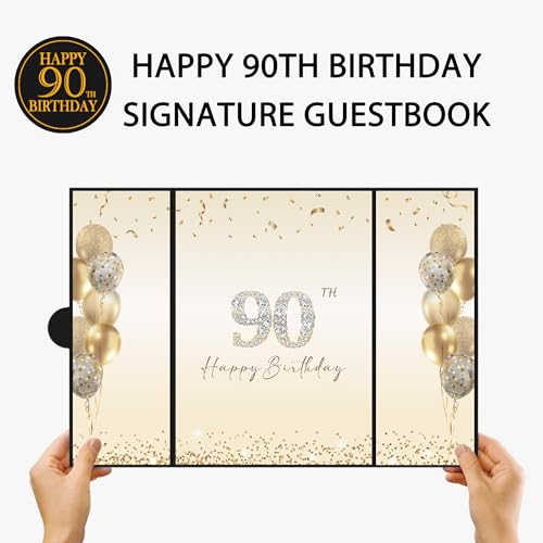 Image of DARUNAXY Black Gold 90th Birthday Party Decorations, Happy 90th Birthday Alternative Signature Guest Book for Men Women Cheers to 90 Years Old Gifts 90 Birthday Signing Card Board Party Supplies