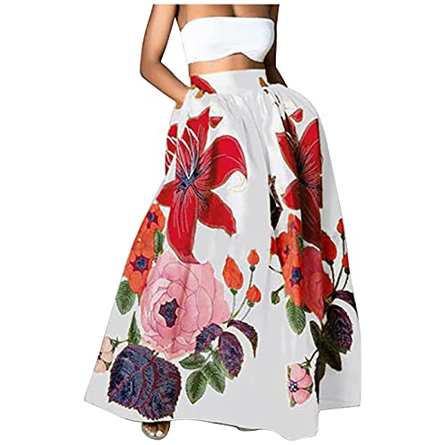 SSLLM Damen Maxirock Elegant Blumendruck Lang Festlich Rock Hohe Taille A-Line Rockabilly Petticoat Mode Retro Rock Midi Swing Röcke Ballkleid Cocktail Langrock Prinzessin Cover
