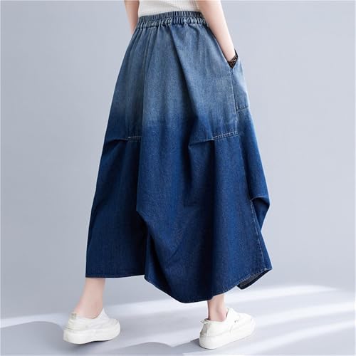 Fashion Gradient Color Ruched Midi Denim Skirt for Women Elastic High Waist Casual Loose A-line Skirt with Pockets4