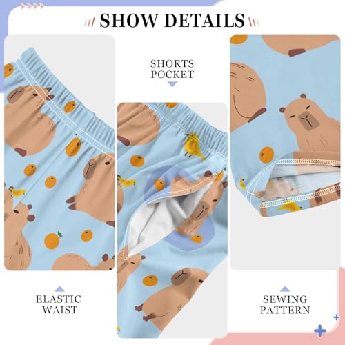 Cute Capybara with Birds Blue Pajama Pants Lounge Sleep Pants Elastic Waist Long Pajama Bottoms with Pockets for 6-14 Years4