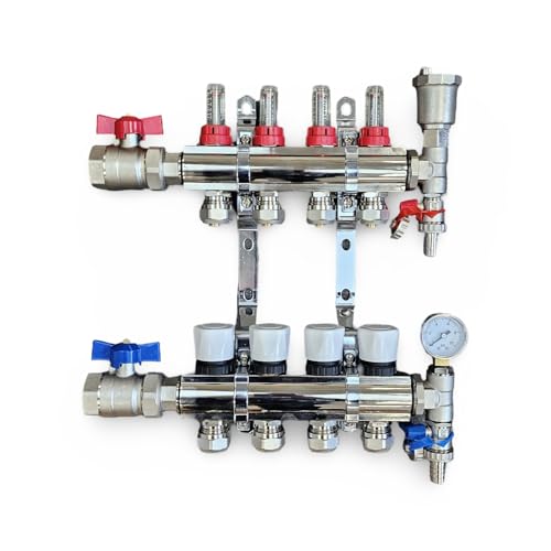 Wärmer System 4 Port Underfloor Heating Complete Manifold with Pipe Connections, Ball Valves, Automatic Air Vent and Pressure Gauge End Unit (16mm eurocone)