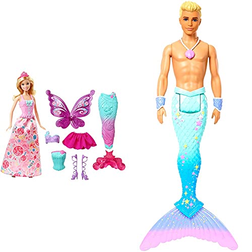 Barbie DHC39 - Dreamtopia 3-in-1 Fantasie Puppe, Fee, Meerjungfrau und Prinzessin & FXT23 - Dreamtopia Ken Meermann…