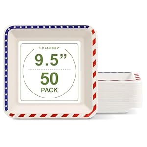 [50 COUNT]Sugarfiber by Harvest Pack 9.5-inch American Flag Patriotic Disposable Compostable Square Paper Plates, Natural Bagasse Square Plates, Made From Eco-Friendly Sugarcane Plant Fibers